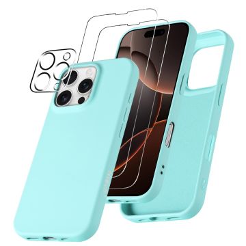 Hoesje Geschikt voor iPhone 16 Pro Max – Zacht siliconen liquid backcover met 2x screenprotectors gehard glas en 1x lens protector – Mint Groen