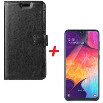 Ntech Samsung Galaxy A70/A70s Portemonnee hoesje Zwart Met Glazen screenprotector