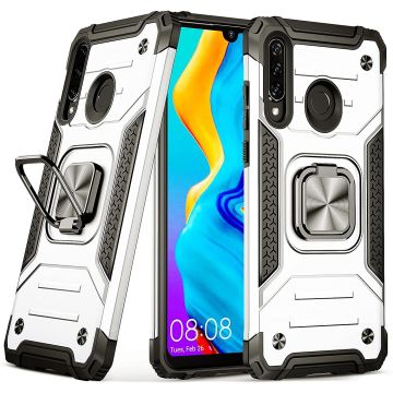 Huawei P30 Lite Hoesje - Heavy Duty Armor hoesje Zliver - Huawei P30 Lite New Edition hoesje silicone TPU 360-Degree hybride hoesje Kickstand ringhouder met Magnetisch Auto Mount
