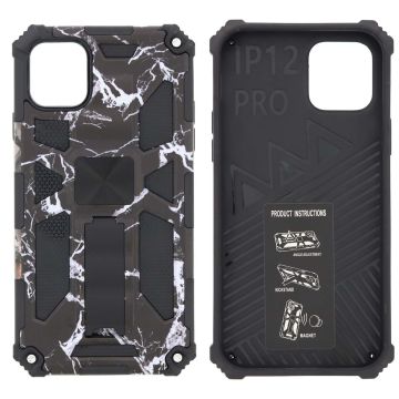 Hoesje Geschikt voor iPhone 12 (Pro) Hoesje - Rugged Extreme Backcover Marmer Camouflage met Kickstand - Zwart