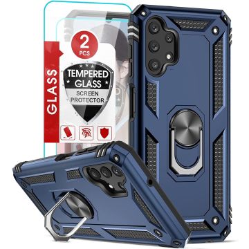 Samsung A13 4G Hoesje Hybrid Armor case Blauw - Samsung Galaxy A13 4G hoesje kickstand Ring houder TPU backcover Anti-Shock hoesje - met screenprotector Galaxy A13 4G - 2 pack