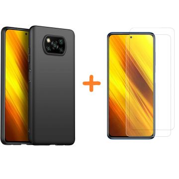 Xiaomi Poco X3 Hoesje Siliconen case Zwart cover TPU hoes met Poco X3 Screenprotector Glazen tempered glass 2 pack