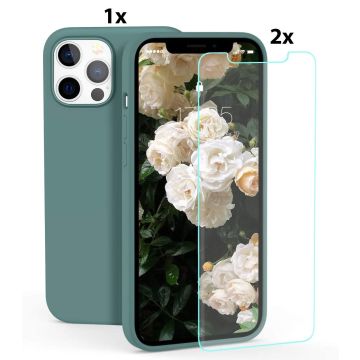 Hoesje Geschikt voor iPhone 12 Pro Max Soft Nano siliconen Gel Donkergroen Hoesje Met 2X Glazen screenprotector