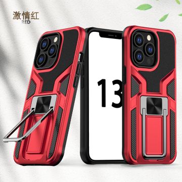 Hoesje Geschikt voor iPhone 13 Pro – Schokbestendig Ultra Slim Soft TPU Cover met kicktand Ringhouder – Rood