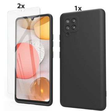 Samsung Galaxy A42 5G Hoesje Soft Nano Silicone Backcover Gel Zwart Met 2x Glazen Screenprotector