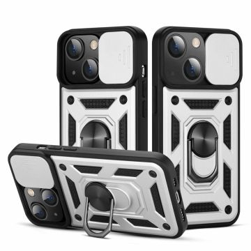 Hoesje Geschikt voor iPhone 13 Hoesje met Camera Bescherming Zilver - Hoesje Geschikt voor iPhone 13 met ring houder Rugged Armor Back Cover - Case - Camera Schuif