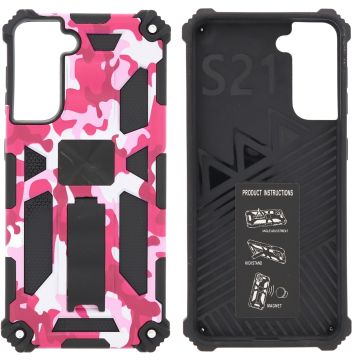 Samsung Galaxy S21 Hoesje - Rugged Extreme Backcover Camouflage met Kickstand - Pink