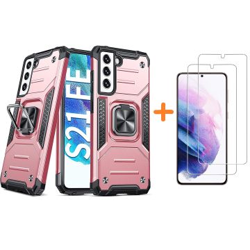 Samsung S21 FE Hoesje Heavy Duty Armor Hoesje Rose Goud - Galaxy S21 FE Case Kickstand Ring cover met Magnetisch Auto Mount- Samsung S21 FE screenprotector 2 pack