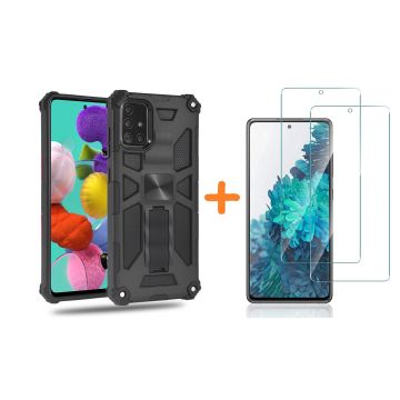 Samsung A51 Hoesje Military Grade Invisible Built-in Kickstand - Galaxy A51 Metal Plate, Anti-Scratch Shockproof Zwart - Screenprotector Galaxy A51-2 Pack