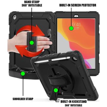 Hoes geschikt voor iPad 2020 hoes Kids case (2019 / 2020 / 2021) - Hoes geschikt voor iPad 10.2 Robuuste Hybride hoesje Armor cover met Handband - Zwart