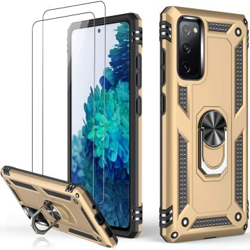 Samsung A53 Hoesje Anti-Shock Hybrid Armor hoesje Goud - Samsung Galaxy A53 5G kickstand Ring houder TPU backcover hoesje - met screenprotector Galaxy A53 5G - 2 pack