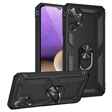 Samsung A32 Hoesje - Galaxy A32 5G Zwart hoesje Anti-Shock Hybrid Armor case Ring houder TPU backcover met kickstand