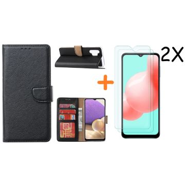 Samsung A32 hoesje bookcase Zwart - Galaxy A32 4G hoesje portemonnee wallet case - A32 book case hoes cover - Galaxyt A32 4G screenprotector / 2X tempered glass