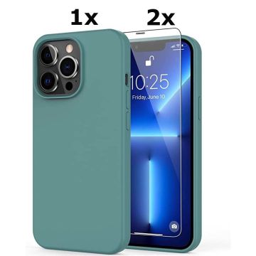 Hoesje Geschikt voor iPhone 13 Pro Soft Nano siliconen Gel Donkergroen Hoesje Met 2X Glazen screenprotector