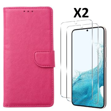 Hoesje Geschikt Voor Samsung Galaxy S23 Plus Hoesje met Pasjeshouder - bookcase – Met 2x Screenprotector / gehard glas – Roze