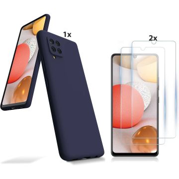 Samsung Galaxy A42 5G Hoesje Soft Nano Silicone Backcover Gel Navy Blauw Met 2x Glazen Screenprotector