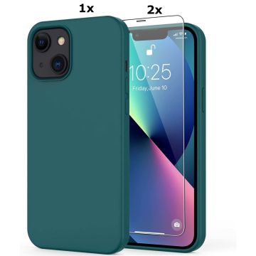 Hoesje Geschikt voor iPhone 13 Soft Nano siliconen Gel Donkergroen Hoesje Met 2X Glazen screenprotector