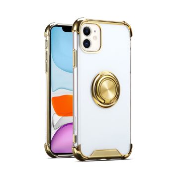 Hoesje Geschikt voor iPhone 12 / 12 Pro hoesje - Backcover met Ringhouder - Verstevigde hoeken - Transparant / Goud