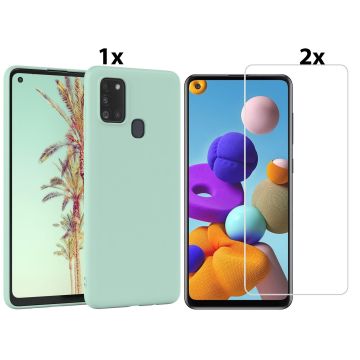 Samsung Galaxy A21s Hoesje Soft Nano Silicone Backcover Gel Turqoise Met 2x Glazen Screenprotector