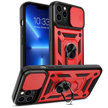 Hoesje Geschikt voor iPhone 13 Hoesje met Camera Bescherming Rood - Hoesje Geschikt voor iPhone 13 met ring houder Rugged Armor Back Cover - Case - Camera Schuif