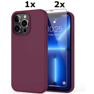 Hoesje Geschikt voor iPhone 13 Soft Nano siliconen Gel Bordeaux Rood Hoesje Met 2X Glazen screenprotector
