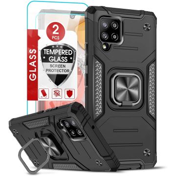 Samsung A42 Hoesje Heavy Duty Armor Hoesje Zwart - Samsung Galaxy A42 5G hoesje Kickstand Ring cover met Magnetisch Auto Mount- Samsung A42 5G screenprotector 2 pack