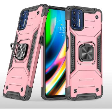 Motorola G9 Plus Hoesje Heavy Duty Armor Hoesje Rose Goud - Motorola G9 Plus Case Kickstand Ring cover met Magnetisch Auto Mount