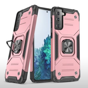 Samsung S21 Hoesje - Heavy Duty Armor hoesje Rose Goud - Galaxy S21 silicone TPU hybride hoesje Kickstand ringhouder met Magnetisch Auto Mount