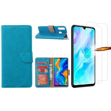 Huawei P30 Lite New Edition Hoesje / P30 Lite portemonnee hoesje Turquoise / book case met 2 pack screenprotector