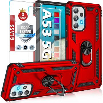 Samsung A53 Hoesje Anti-Shock Hybrid Armor hoesje Rood - Samsung Galaxy A53 5G kickstand Ring houder TPU backcover hoesje - met screenprotector Galaxy A53 5G - 2 pack