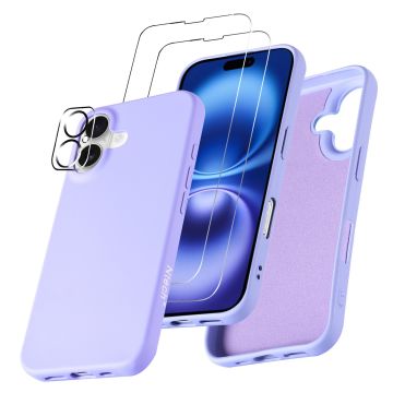 Hoesje Geschikt voor iPhone 16 – Zacht siliconen liquid backcover met 2x screenprotectors gehard glas en 1x lens protector – Lila
