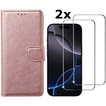 Hoesje Geschikt voor iPhone 16 Pro hoesje bookcase met 2 stuks screenprotectors – Rosegoud