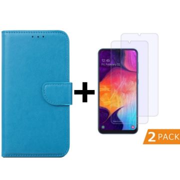 Ntech Samsung Galaxy A50 Portemonnee hoesje - Turquoise Met 2 stuks Glazen screenprotector