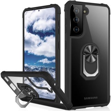 Samsung S21 hoesje - Premium Shock Proof hoesje transparant Zwart randen backcover case met kickstand - Samsung Galaxy S21 hoesje met Ring houder / Ring vinger houder / standaard
