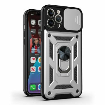 Hoesje Geschikt voor iPhone 13 Pro Hoesje met Camera Bescherming Zilver – met ring houder Rugged Armor Back Cover - Case - Camera Schuif