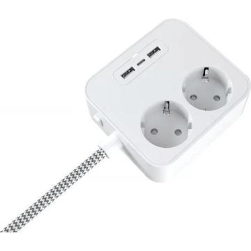 Durata - Bureaulader - 2 USB A - 1 USB C - 2 Stopcontact - 3 in 1 - Stekkerdoos - Telefoonlader - Thuis adapter - Wit