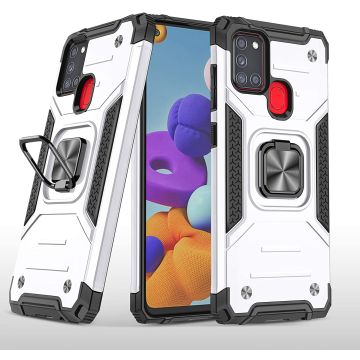 Samsung A21S Hoesje - Heavy Duty Armor hoesje Zliver - Galaxy A21s silicone TPU hybride hoesje Kickstand ringhouder met Magnetisch Auto Mount