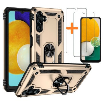 Samsung Galaxy A13 5G / A04s Hoesje met Ring Houder – TPU backcover – Met 2x screenprotector gehard glas – Goud
