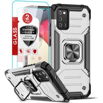 Samsung A03s Hoesje Heavy Duty Armor Hoesje Zliver - Galaxy A03S Case Kickstand Ring cover met Magnetisch Auto Mount- Samsung A03S screenprotector 2 pack