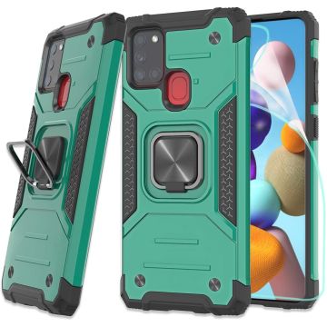Samsung A21S Hoesje - Heavy Duty Armor hoesje Groen - Galaxy A21s silicone TPU hybride hoesje Kickstand ringhouder met Magnetisch Auto Mount