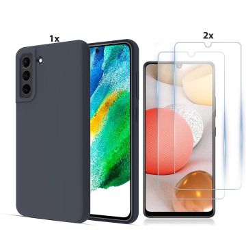 Samsung Galaxy S21 Hoesje Soft Nano Silicone Backcover Gel Navy Blauw Met 2x Glazen Screenprotector