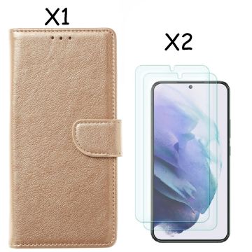 Samsung S22 hoesje Goud Samsung Galaxy S22 5G hoesje bookcase portemonnee cover - Samsung hoesje S22 - Samsung S22 screenprotector / 2X Beschermglas