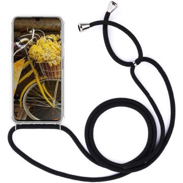 Motorola Moto G9 Plus Hoesje transparant silicone met Koord - Moto G9 Plus Koord hoesje draagkoord TPU backcover - Zwart