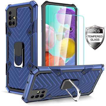 Samsung A21S hoesje nieuw Schokbestendige ring armor Blauw - Screenprotector Galaxy A21S 2X tempered Glass