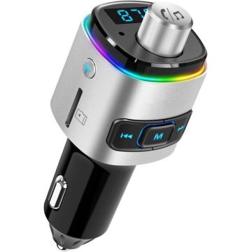 Bluetooth FM Transmitter voor in de auto - Handsfree Carkit - Fast charge USB poort - 7 kleuren LED verlichting - Muziek Luisteren Streamen Bellen - Auto lader - USB stick - SD kaart - MP3 - Interieur - Audio - Zilver