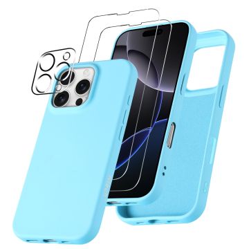 Hoesje Geschikt voor iPhone 16 Pro – Zacht siliconen liquid backcover met 2x screenprotectors gehard glas en 1x lens protector – Licht Blauw