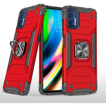 Motorola G9 Plus Hoesje Heavy Duty Armor Hoesje Rood - Motorola G9 Plus Case Kickstand Ring cover met Magnetisch Auto Mount