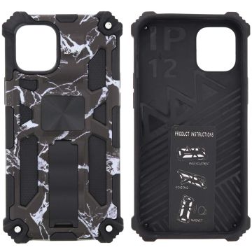 Hoesje Geschikt voor iPhone 12 Mini Hoesje - Rugged Extreme Backcover Marmer Camouflage met Kickstand - Zwart