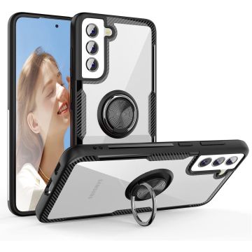 Samsung S21 FE hoesje - Luxe carbon TPU Backcover - Samsung Galaxy S21 FE met Ring houder / Ring vinger houder / standaard - Zwart
