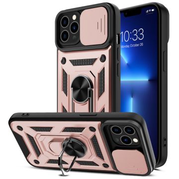 Hoesje Geschikt voor iPhone 13 Hoesje met Camera Bescherming Rosegoud - Hoesje Geschikt voor iPhone 13 met ring houder Rugged Armor Back Cover - Case - Camera Schuif